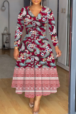 Red Casual Floral Abstract Print V Neck Long Sleeve High Waisted A-line Party Vacation Maxi Dresses