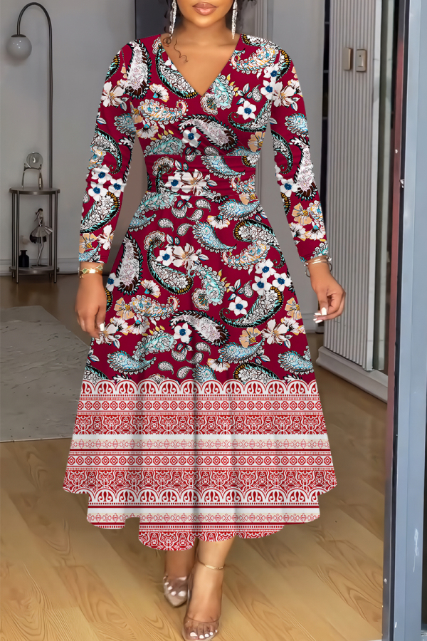 Red Casual Floral Abstract Print V Neck Long Sleeve High Waisted A-line Party Vacation Maxi Dresses