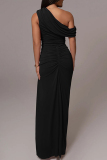 Black Sleeveless Oblique Collar Slit Formal Evening Party Prom Ruched Maxi Dresses