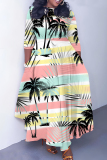 Black Pink Apricot Floral Print Round Neck Three Quarter Sleeve Belted Waisted A-line Vacation Long Dresses