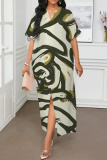 White Graphcis Print Half Sleeve V Neck Slit Casual Vacation Maxi Dresses