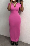 Rose Red Zipper Collar Short Sleeve Casual Bodycon Maxi Dresses