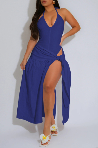 Pink Backless Spaghetti Strap Sleeveless One Pieces Bodysuit And Lace Up Maxi Skirt Vacation Two Pieces Sets