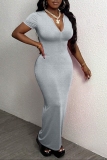 Rose Red Zipper Collar Short Sleeve Casual Bodycon Maxi Dresses