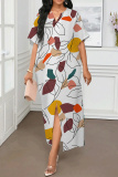 White Graphcis Print Half Sleeve V Neck Slit Casual Vacation Maxi Dresses