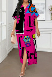 White Graphcis Print Half Sleeve V Neck Slit Casual Vacation Maxi Dresses