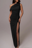 Black Sleeveless Oblique Collar Slit Formal Evening Party Prom Ruched Maxi Dresses