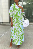 White Brown Floral Print Turndown Collar Long Sleeve Buttons Slit Casual Vacation Maxi Shirt Dresses