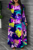 Dark Purple Graphics Print O Neck Long Sleeve Casual Loose Maxi Dresses