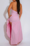 Pink Backless Spaghetti Strap Sleeveless One Pieces Bodysuit And Lace Up Maxi Skirt Vacation Two Pieces Sets
