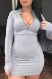 Grey Zipper Collar Long Sleeve Casual Bodycon Mini Dresses