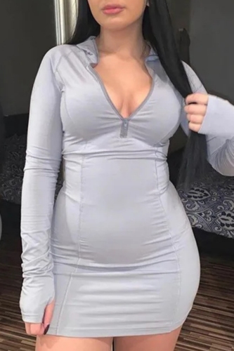 Grey Zipper Collar Long Sleeve Casual Bodycon Mini Dresses