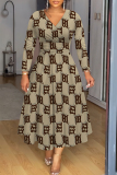 Red Casual Floral Abstract Print V Neck Long Sleeve High Waisted A-line Party Vacation Maxi Dresses