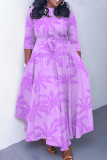 Black Pink Apricot Floral Print Round Neck Three Quarter Sleeve Belted Waisted A-line Vacation Long Dresses