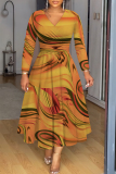 Red Casual Floral Abstract Print V Neck Long Sleeve High Waisted A-line Party Vacation Maxi Dresses