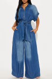 Dark Blue Casual Solid Turndown Collar Short Sleeve Buttons Belted Wide Leg Loose Denim Jumpsuits