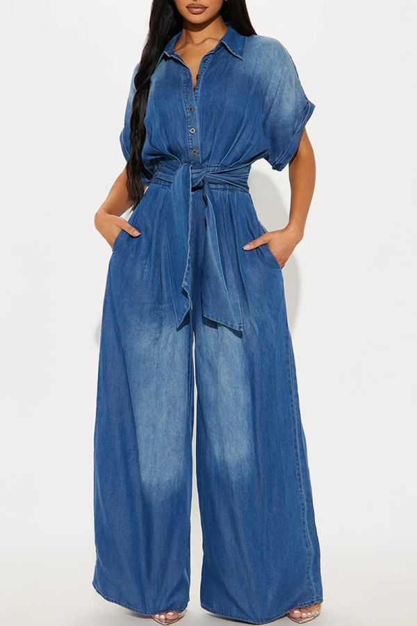Dark Blue Casual Solid Turndown Collar Short Sleeve Buttons Belted Wide Leg Loose Denim Jumpsuits