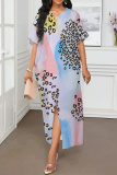 White Graphcis Print Half Sleeve V Neck Slit Casual Vacation Maxi Dresses