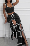 Blue Casual Pocket Strap Design Cut Out Contrast Drawstring Mid Waist Loose Straight Bottoms Pants