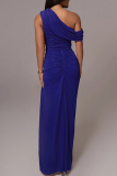 Black Sleeveless Oblique Collar Slit Formal Evening Party Prom Ruched Maxi Dresses