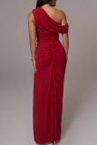 Black Sleeveless Oblique Collar Slit Formal Evening Party Prom Ruched Maxi Dresses