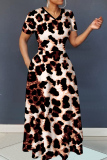 Dark Brown Graphics Print V Neck Short Sleeve Casual Loose Vacation Maxi Dresses