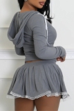 Grey Hooded Long Sleeve Lace Crop Tops And Pleated Mini Skirt Sportwear Casual Two Pieces Dress Sets