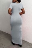 Rose Red Zipper Collar Short Sleeve Casual Bodycon Maxi Dresses