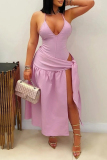 Pink Backless Spaghetti Strap Sleeveless One Pieces Bodysuit And Lace Up Maxi Skirt Vacation Two Pieces Sets