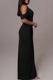 Black Sleeveless Oblique Collar Slit Formal Evening Party Prom Ruched Maxi Dresses