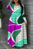 Dark Purple Graphics Print O Neck Long Sleeve Casual Loose Maxi Dresses