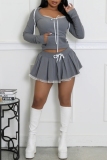 Grey Hooded Long Sleeve Lace Crop Tops And Pleated Mini Skirt Sportwear Casual Two Pieces Dress Sets