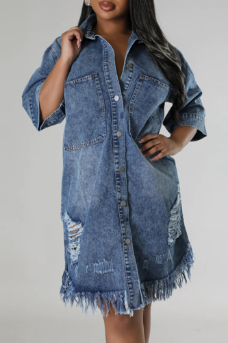 Blue Fringed Trim Half Sleeve Turndown Collar Ripped Buckle Casual Denim Plus Size Mini Dresses
