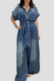 Dark Blue Casual Solid Turndown Collar Short Sleeve Buttons Belted Wide Leg Loose Denim Jumpsuits