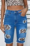 Blue Leopard Patchwork Mid Waist Ripped Casual Cropped Denim Shorts