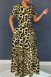 Dark Brown Graphics Print V Neck Short Sleeve Casual Loose Vacation Maxi Dresses