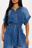 Dark Blue Casual Solid Turndown Collar Short Sleeve Buttons Belted Wide Leg Loose Denim Jumpsuits