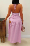 Pink Backless Spaghetti Strap Sleeveless One Pieces Bodysuit And Lace Up Maxi Skirt Vacation Two Pieces Sets