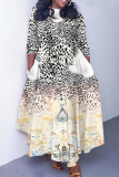 Black Pink Apricot Floral Print Round Neck Three Quarter Sleeve Belted Waisted A-line Vacation Long Dresses