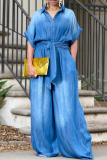 Dark Blue Casual Solid Turndown Collar Short Sleeve Buttons Belted Wide Leg Loose Denim Jumpsuits