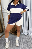 Blue Turndown Collar Long Sleeve Oversize Tops And Shorts Casual Two Pieces Shorts Sets