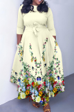 Black Pink Apricot Floral Print Round Neck Three Quarter Sleeve Belted Waisted A-line Vacation Long Dresses