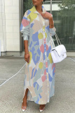 White Brown Floral Print Turndown Collar Long Sleeve Buttons Slit Casual Vacation Maxi Shirt Dresses