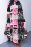 Black Pink Apricot Floral Print Round Neck Three Quarter Sleeve Belted Waisted A-line Vacation Long Dresses