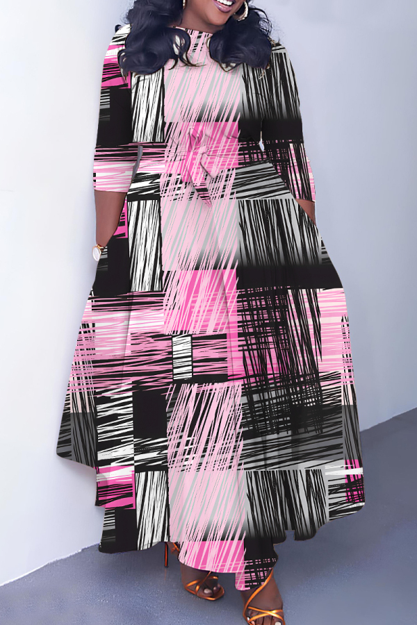 Black Pink Apricot Floral Print Round Neck Three Quarter Sleeve Belted Waisted A-line Vacation Long Dresses