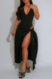 Pink Backless Spaghetti Strap Sleeveless One Pieces Bodysuit And Lace Up Maxi Skirt Vacation Two Pieces Sets