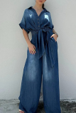 Dark Blue Casual Solid Turndown Collar Short Sleeve Buttons Belted Wide Leg Loose Denim Jumpsuits