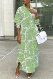 White Brown Floral Print Turndown Collar Long Sleeve Buttons Slit Casual Vacation Maxi Shirt Dresses