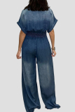 Dark Blue Casual Solid Turndown Collar Short Sleeve Buttons Belted Wide Leg Loose Denim Jumpsuits