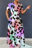 Dark Brown Graphics Print V Neck Short Sleeve Casual Loose Vacation Maxi Dresses